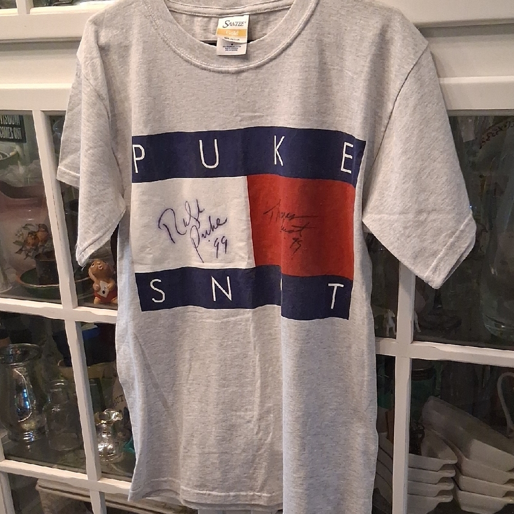 Vintage Gray Graphic Tee with Blue and Red Accents